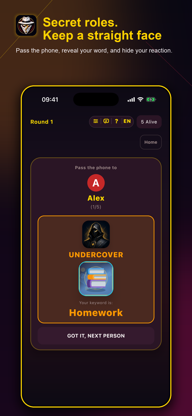Secret role reveal screen